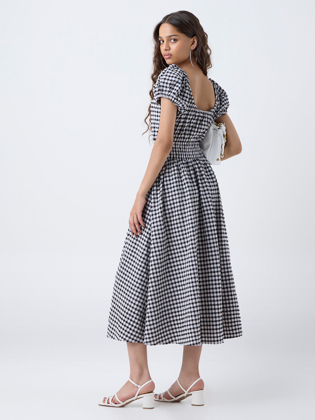 LOV Black Checkered A-Line Cotton Dress