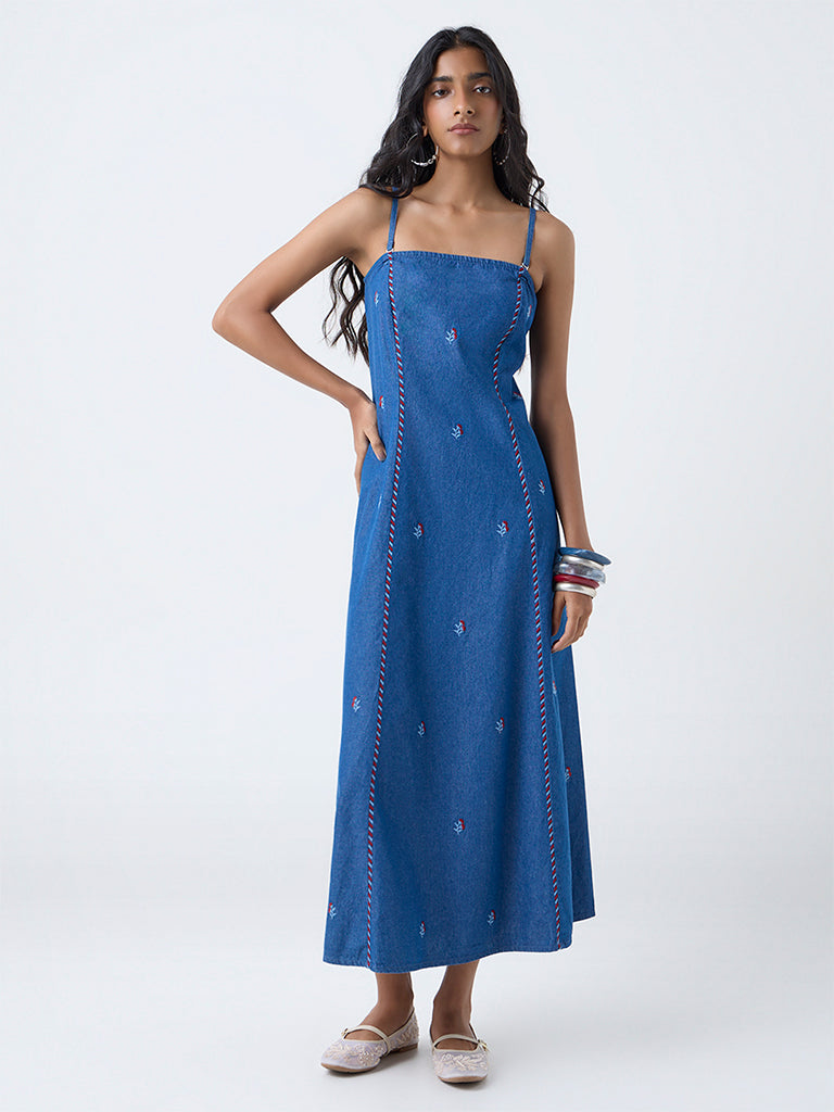 Bombay Paisley Blue Floral Embroidered Denim A-Line Dress