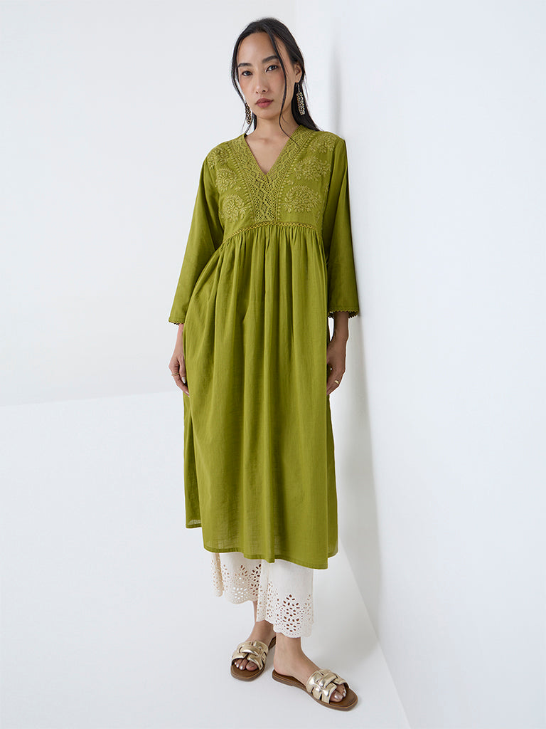 Utsa Lime Floral Embroidered Fit-and-Flare Cotton Kurta