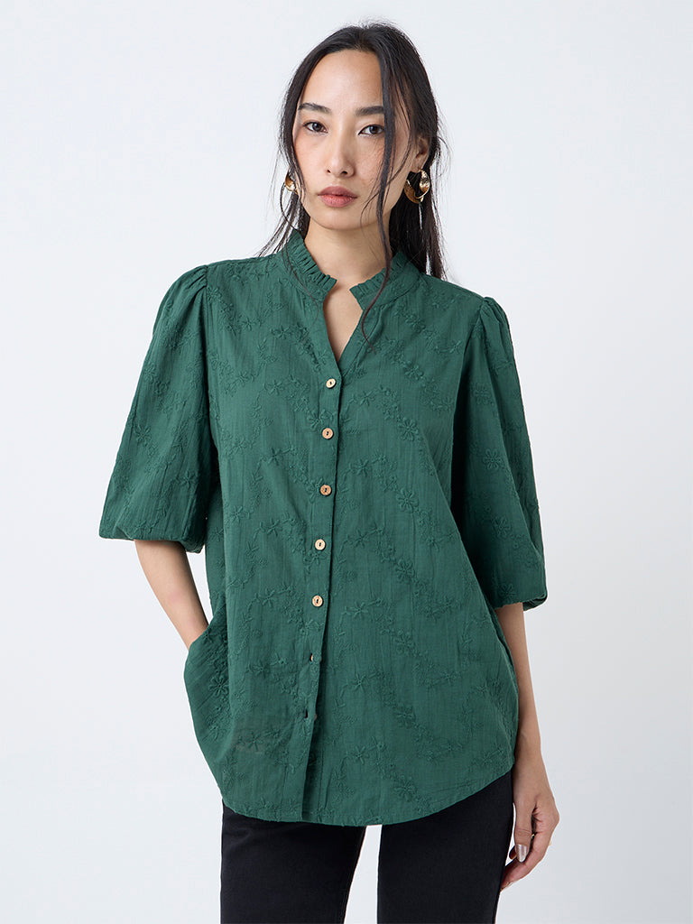 Utsa Emerald Green Floral Embroidered Cotton Tunic