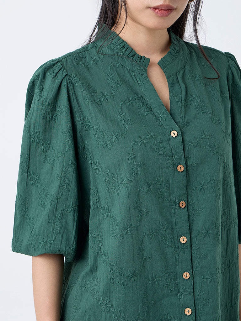 Utsa Emerald Green Floral Embroidered Cotton Tunic
