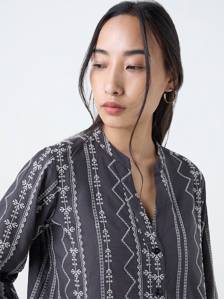 Utsa Black Embroidered Cotton Tunic