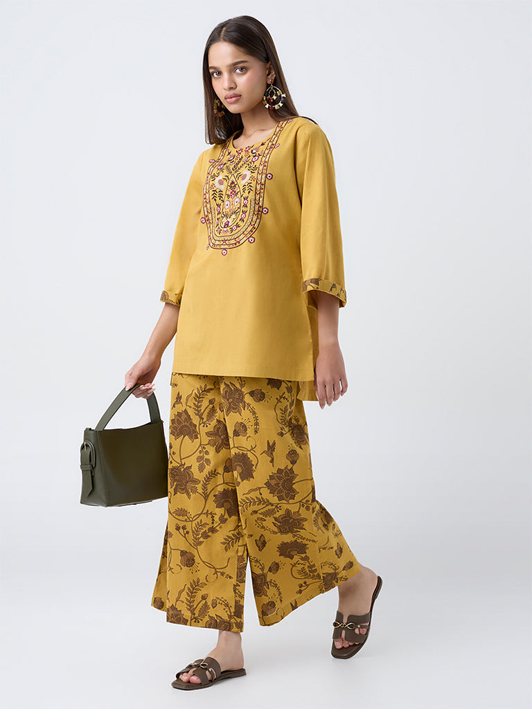 Utsa Mustard Botanical Design Cotton-Blend Palazzos
