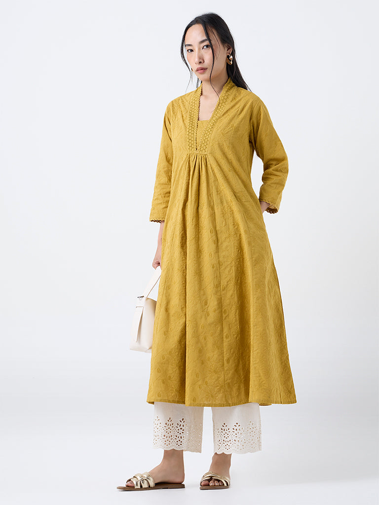 Utsa Mustard Floral Embroidered Cotton A-Line Kurta