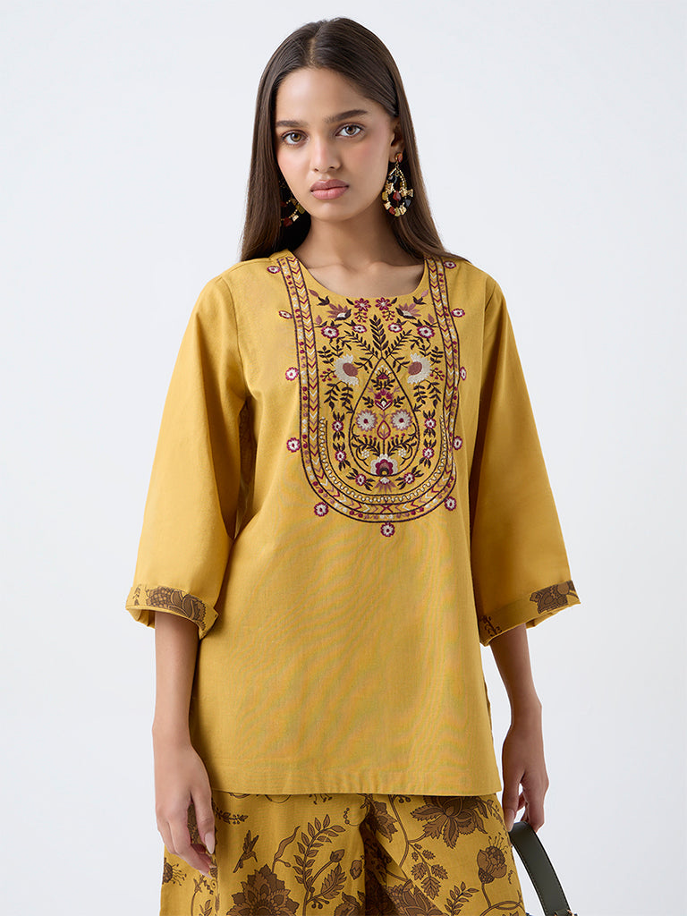 Utsa Mustard Embroidered Cotton-Blend Tunic