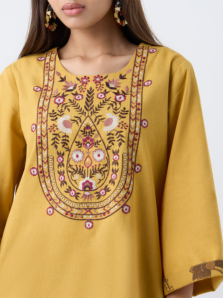 Utsa Mustard Embroidered Cotton-Blend Tunic
