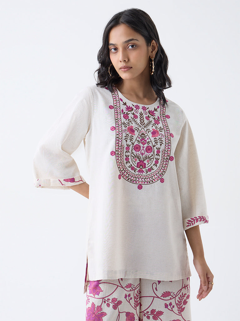 Utsa Off-White Floral Embroidered Cotton-Blend Tunic