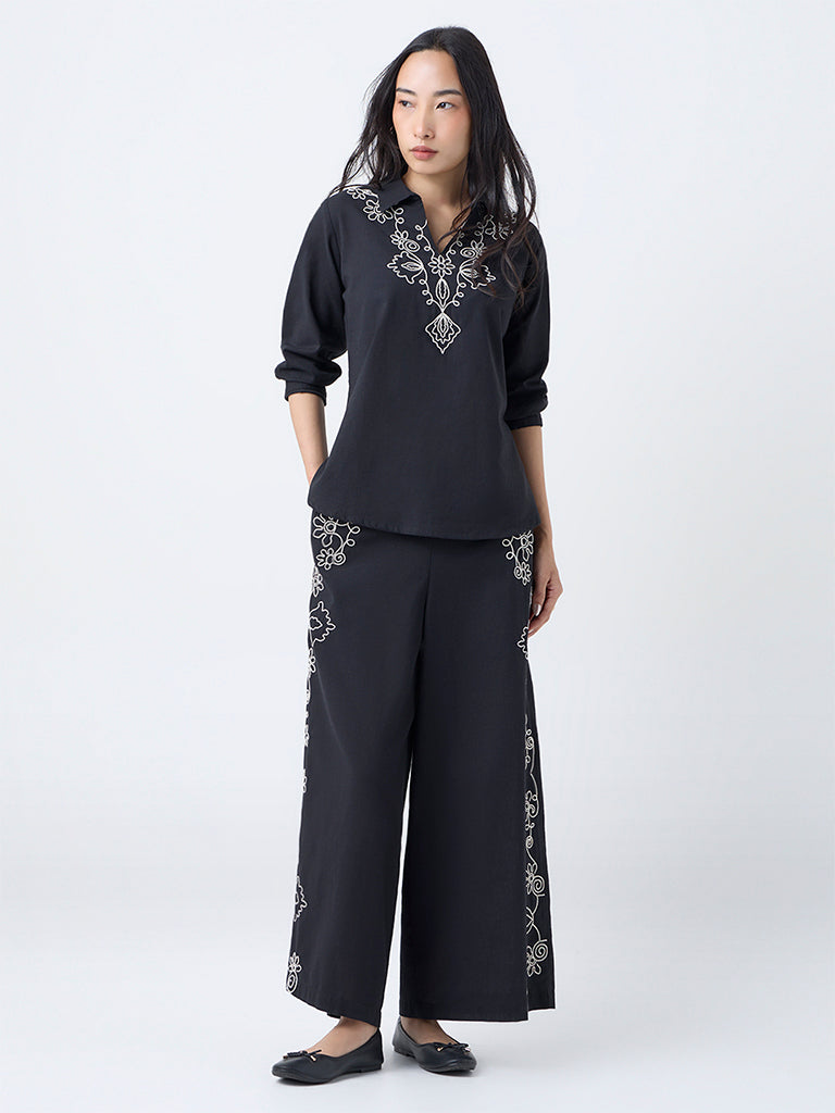 Utsa Black Embroidered Cotton-Blend Tunic