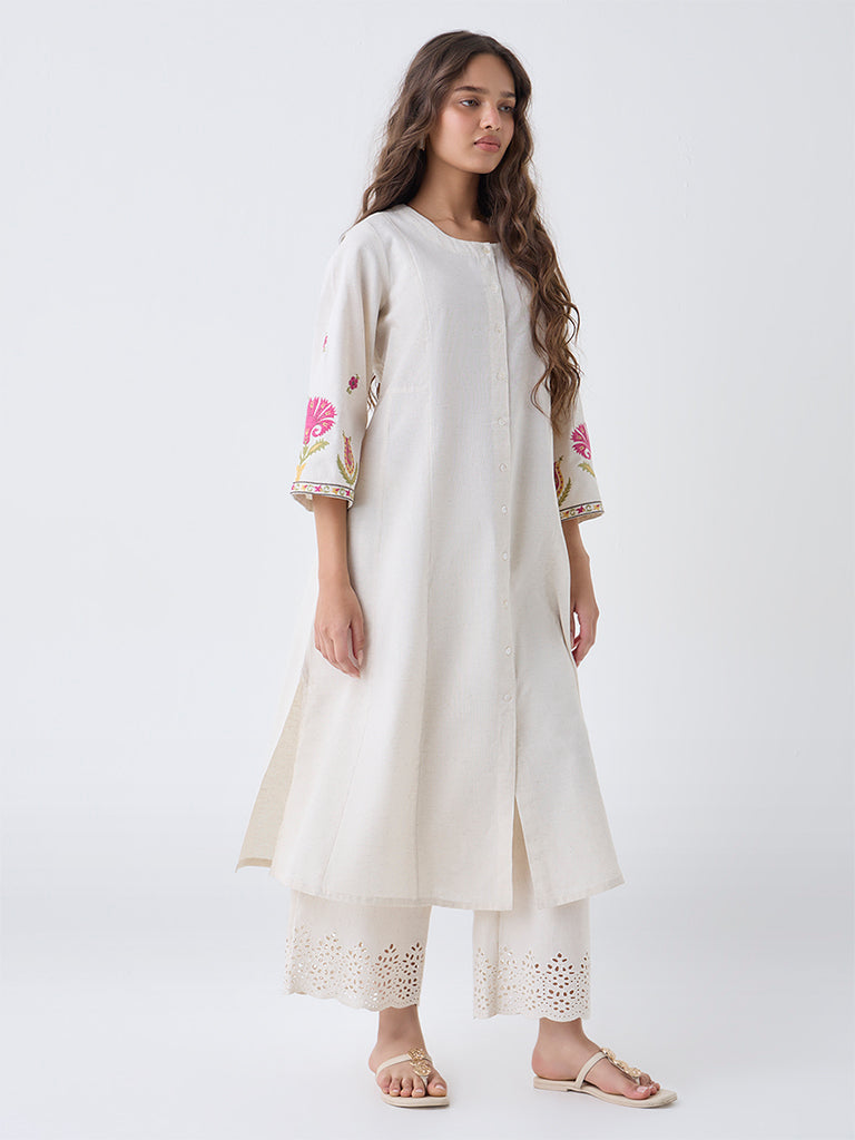 Utsa Off-White Embroidered Cotton-Blend A-Line Kurta