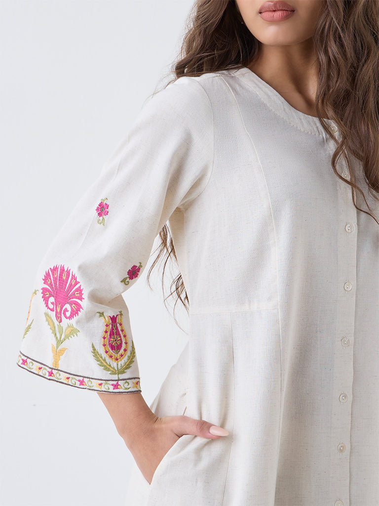Utsa Off-White Embroidered Cotton-Blend A-Line Kurta