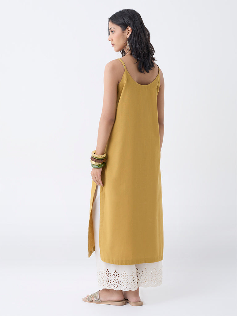 Utsa Mustard Embroidered Cotton-Blend A-Line Kurta