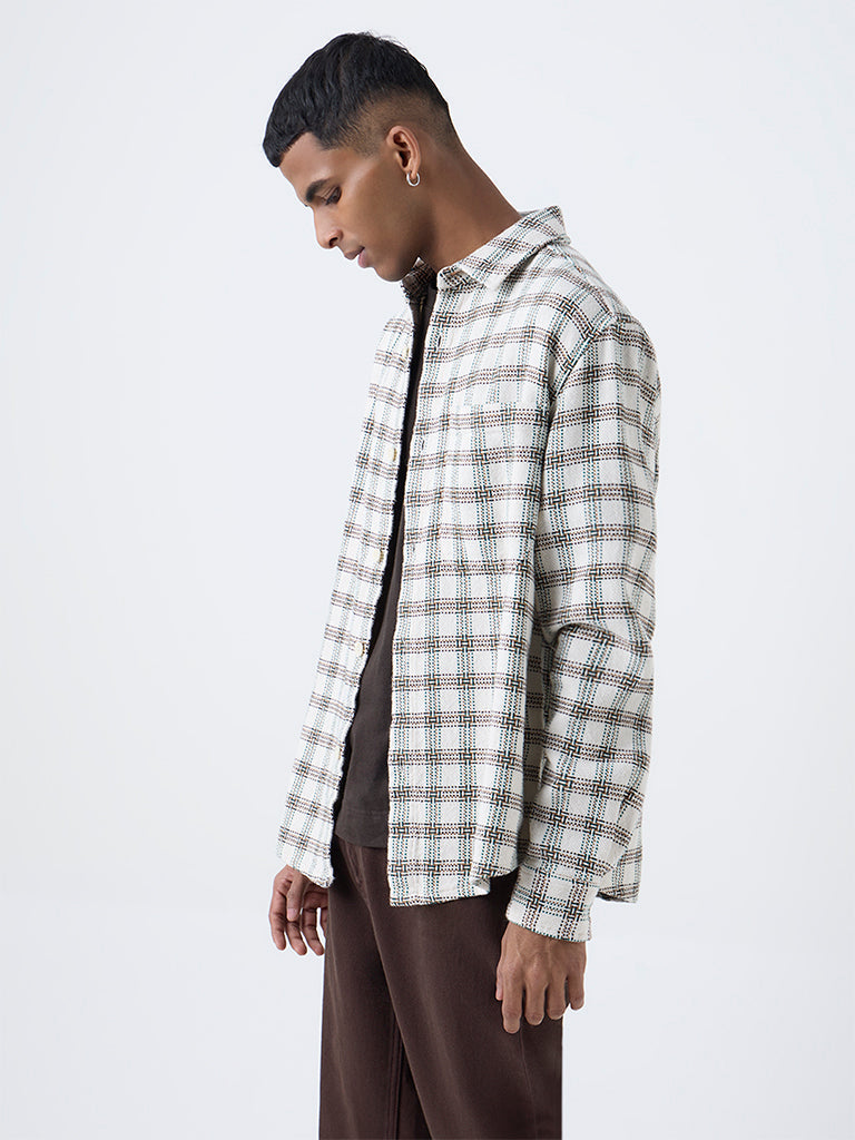 Nuon Off-White Check Design Relaxed-Fit Cotton Shirt