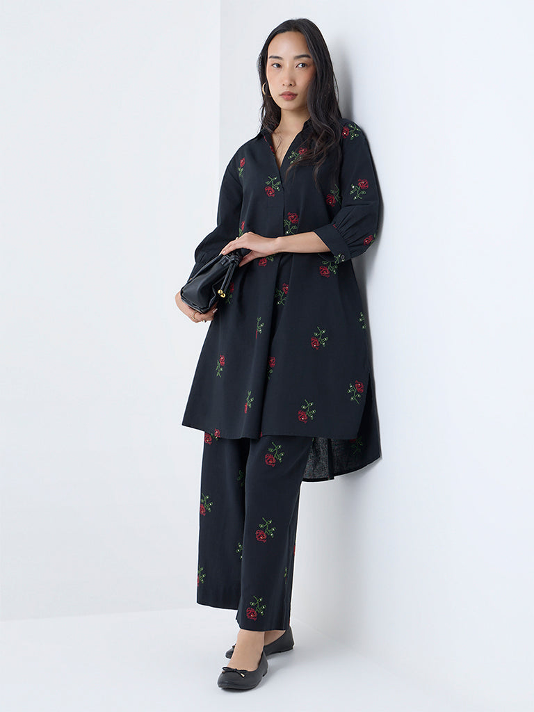 Utsa Black Floral Embroidered Cotton-Blend A-Line Kurta