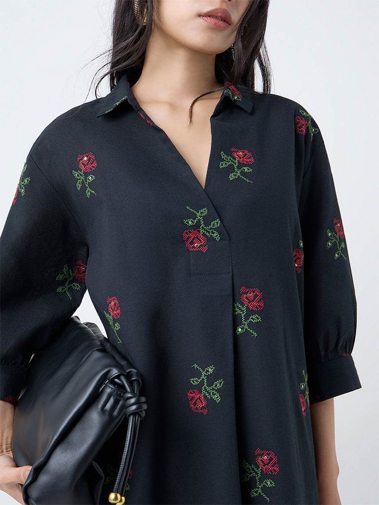Utsa Black Floral Embroidered Cotton-Blend A-Line Kurta
