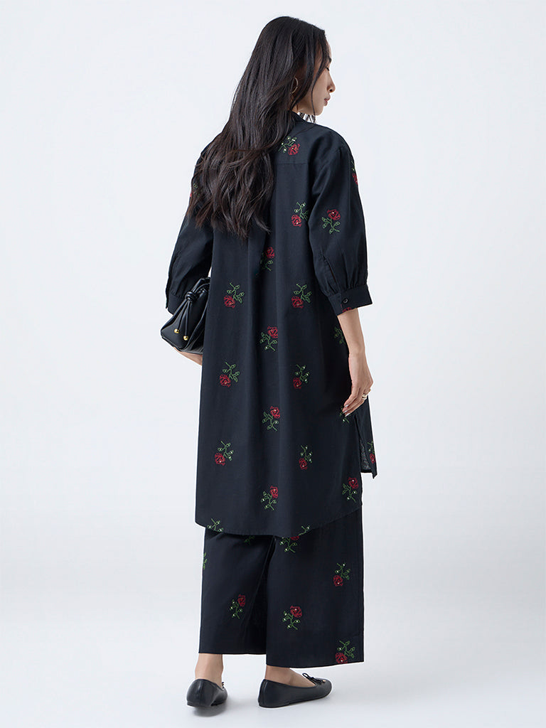 Utsa Black Floral Embroidered Cotton-Blend A-Line Kurta
