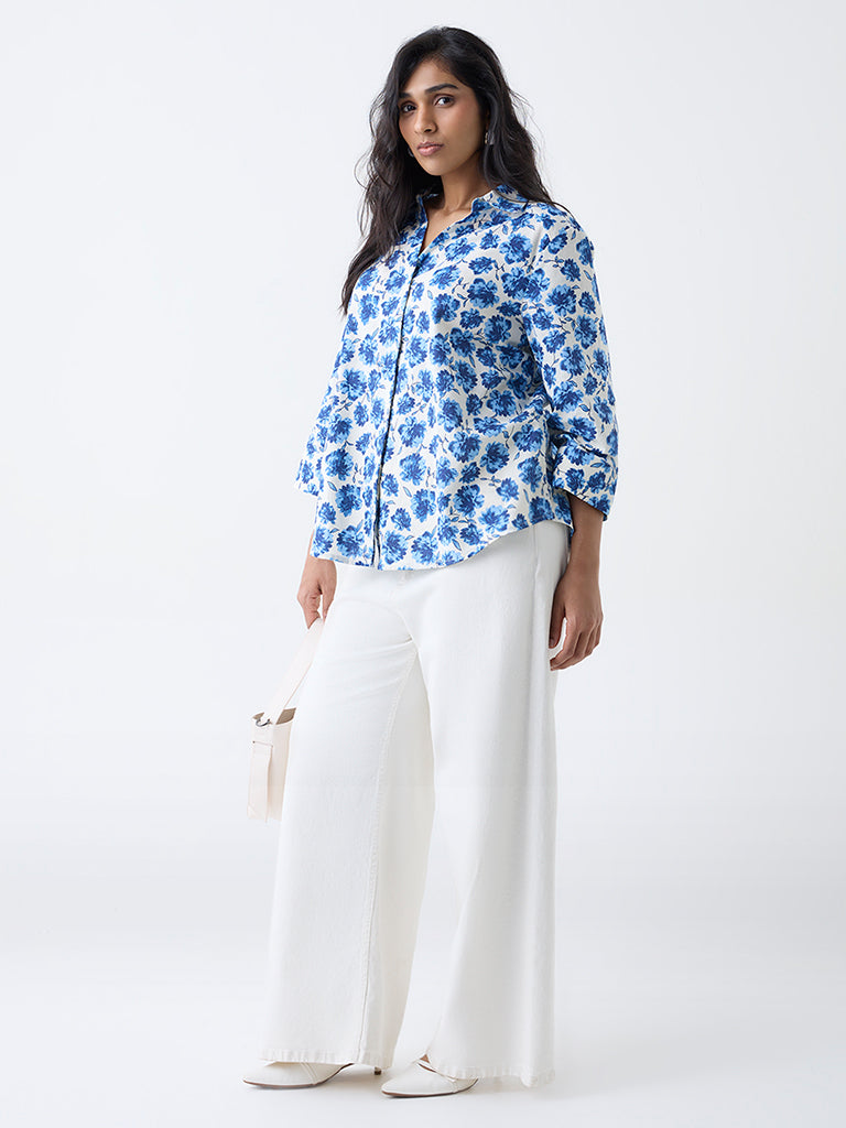 Gia Off-White Floral Printed Cotton Shirt