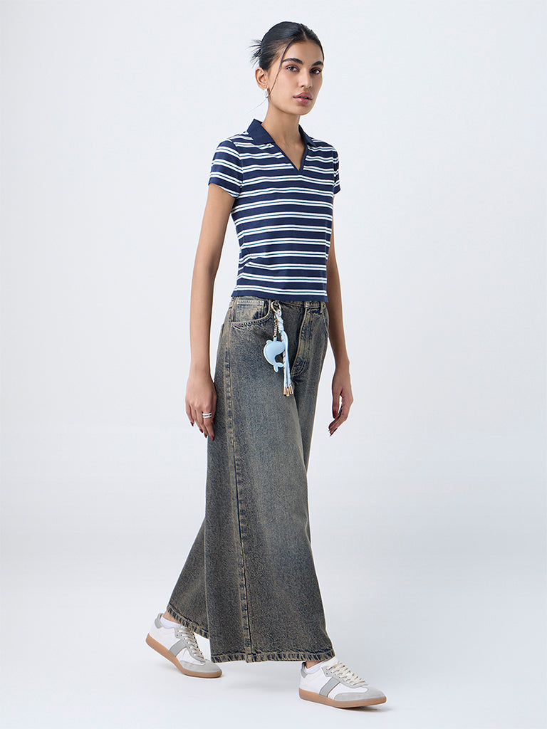Nuon Navy Striped Cotton-Blend T-Shirt