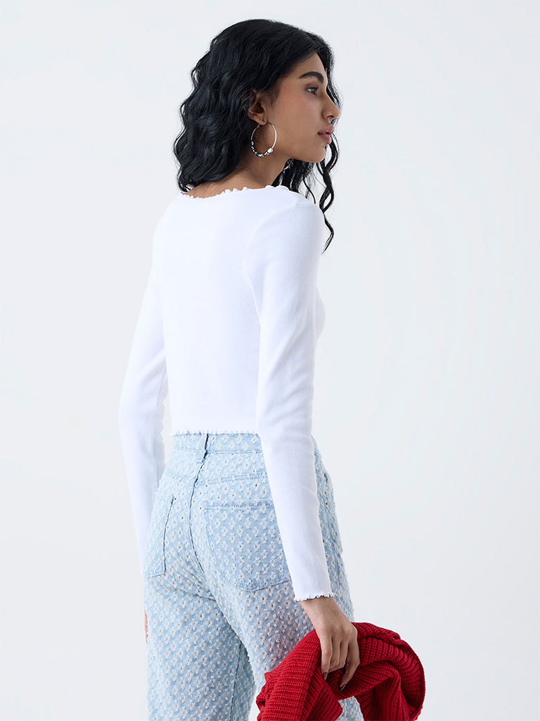 Nuon White Self-Striped Cotton-Blend Top