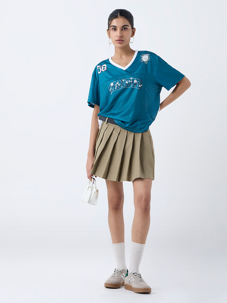 Nuon Dark Teal Printed Perforated T-Shirt