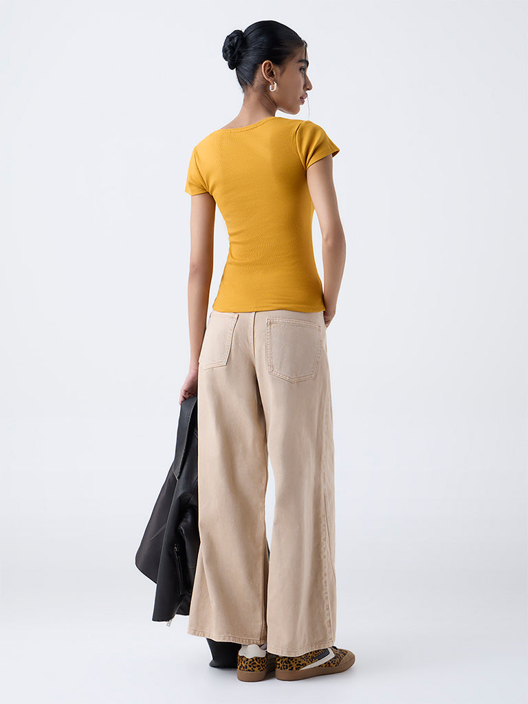 Nuon Mustard Ribbed Cotton-Blend T-Shirt