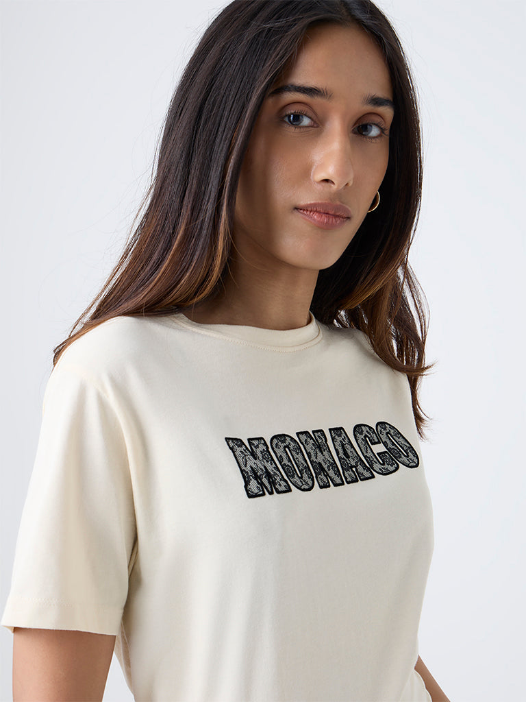 LOV Cream Typographic Cotton T-Shirt