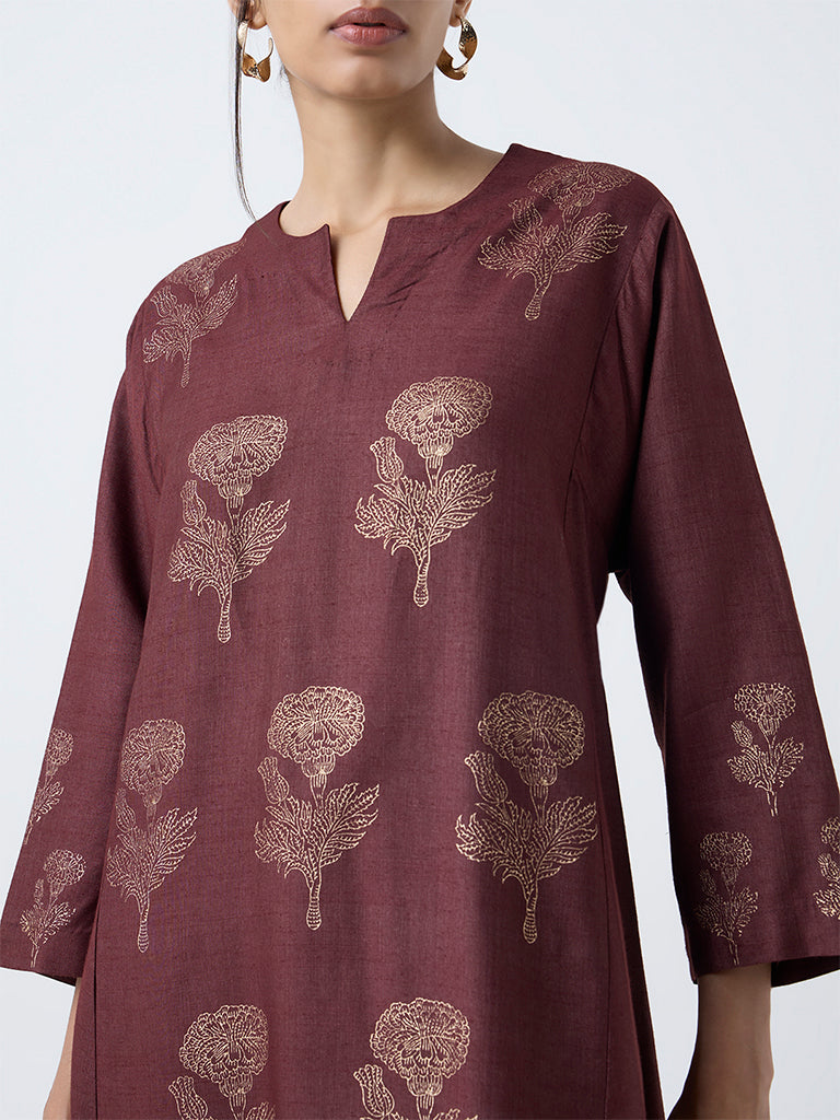 Zuba Brown Floral Printed A-Line Kurta