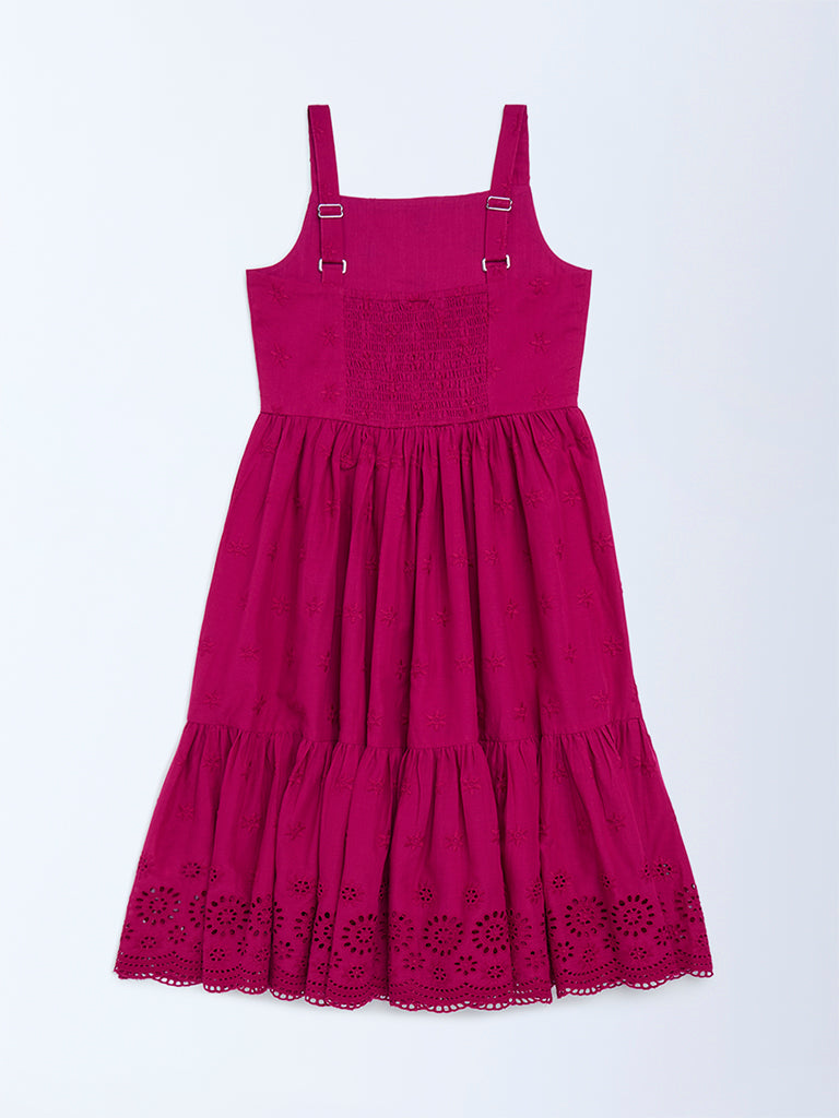 Utsa Kids Girls Magenta Schiffli Tiered Cotton Dress (8 - 14yrs)