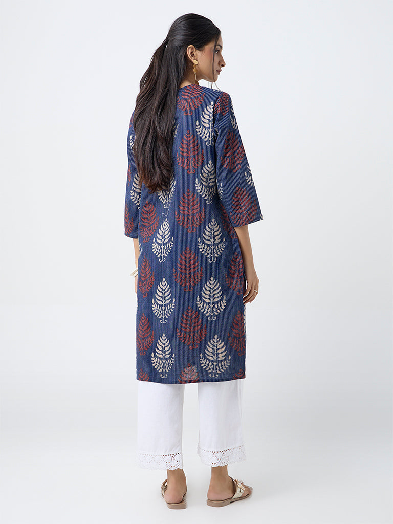 Utsa Indigo Botanical Printed Cotton-Blend Straight Kurta