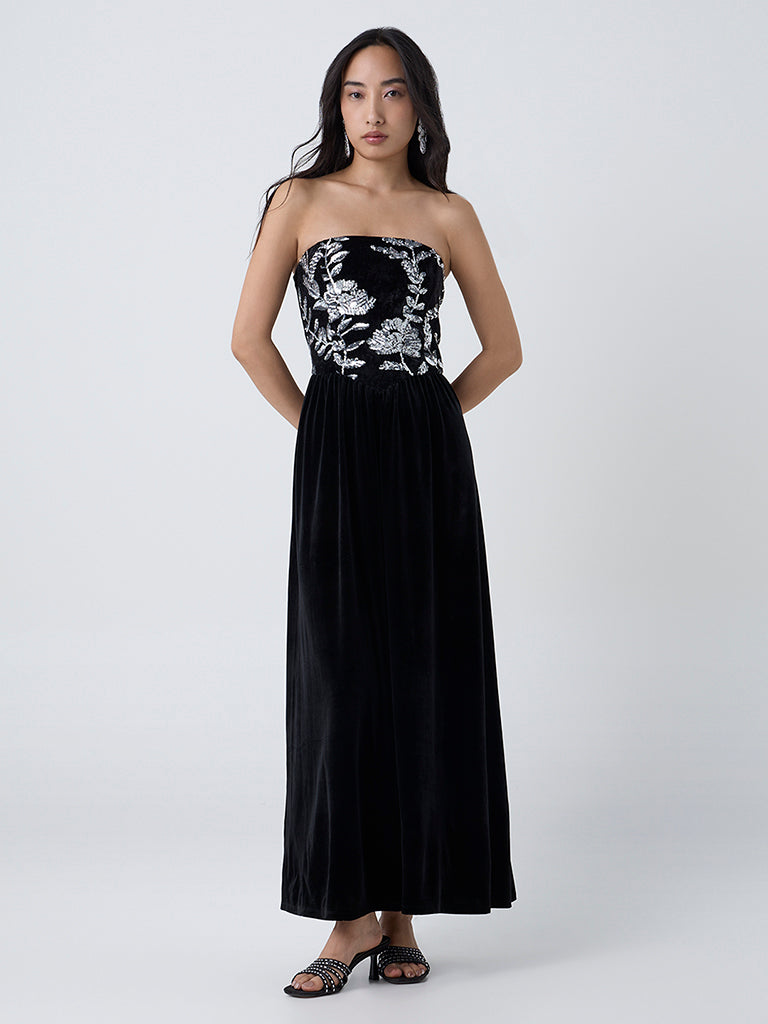 LOV Black Sequin Embellished Velvet Tube Dress