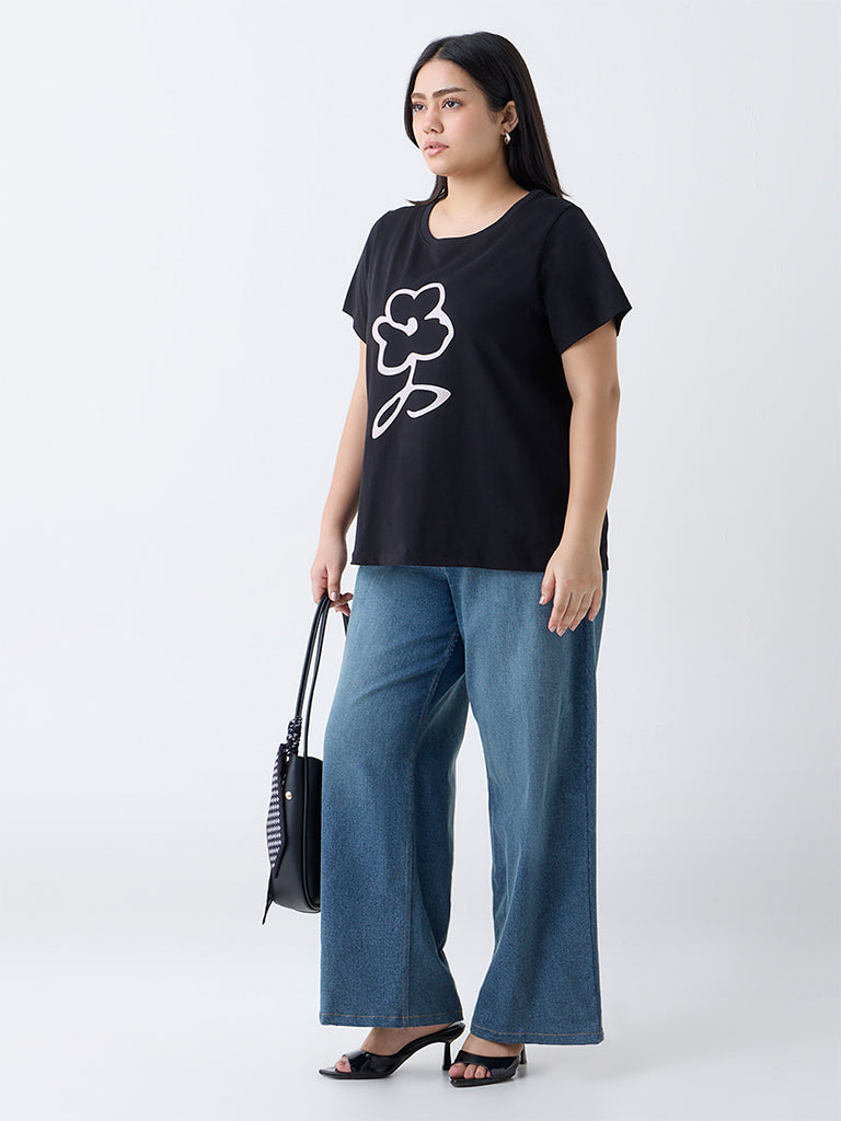 Gia Black Floral Design Cotton T-Shirt