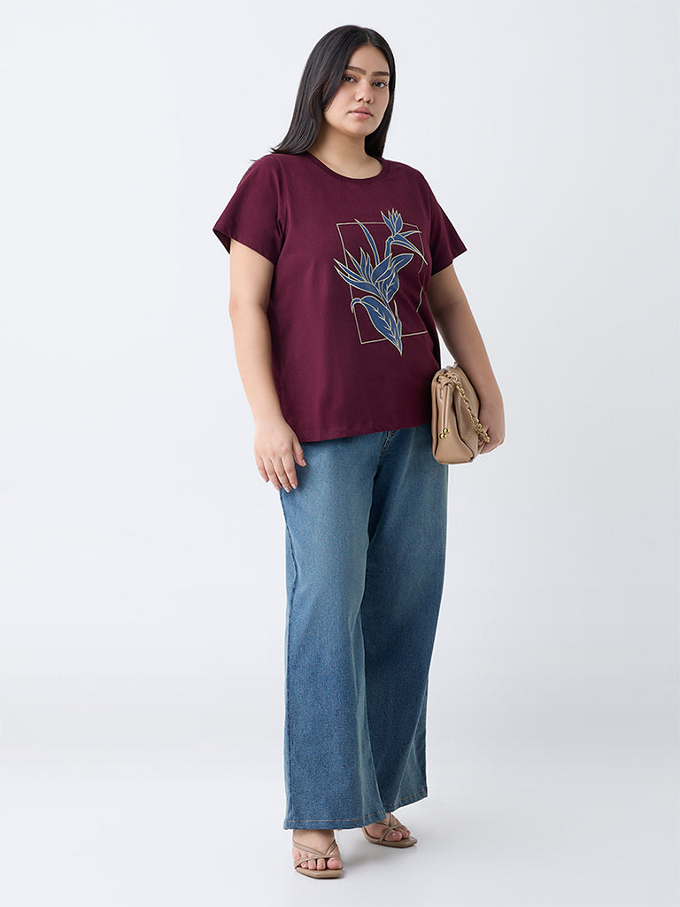 Gia Plum Leaf Pattern Cotton T-Shirt