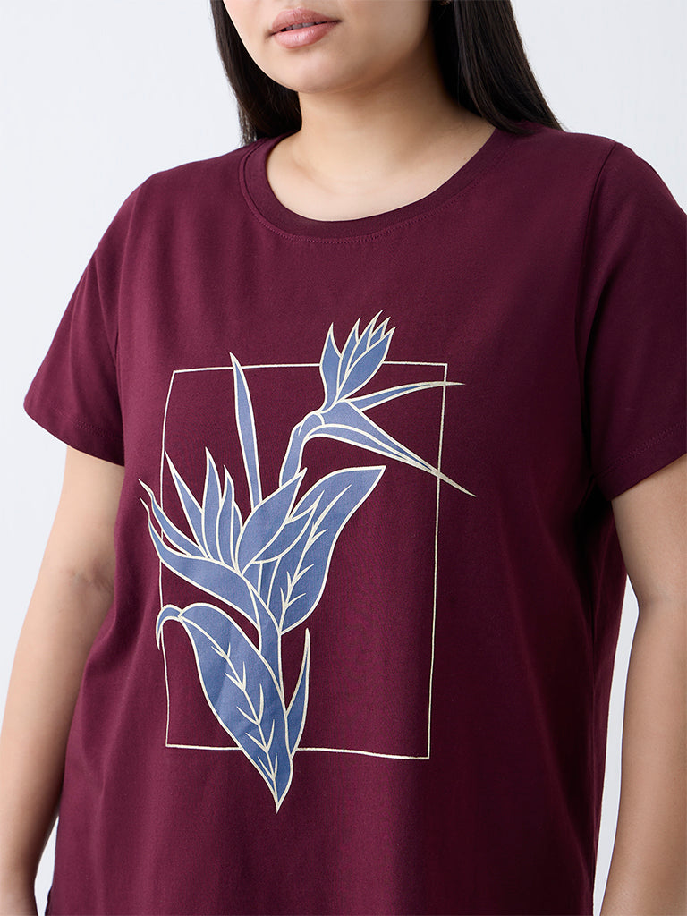 Gia Plum Leaf Pattern Cotton T-Shirt