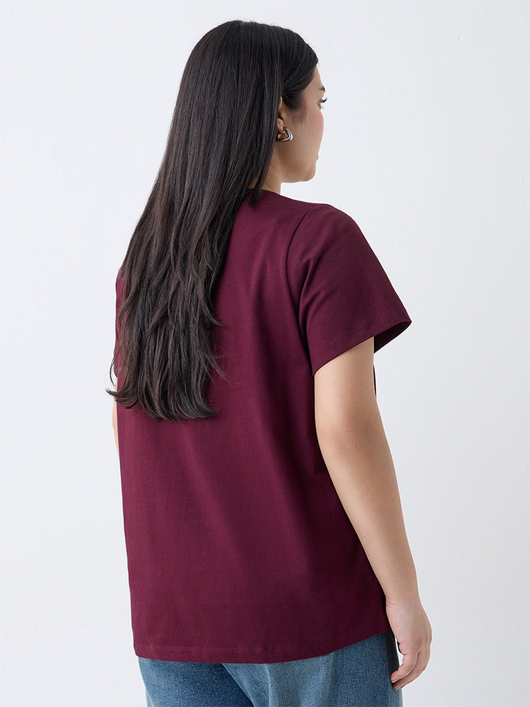 Gia Plum Leaf Pattern Cotton T-Shirt