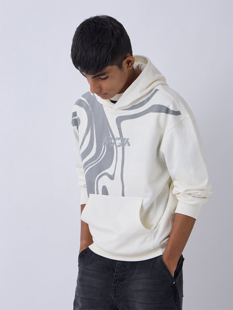Y&F Kids Boys Off-White Printed Cotton-Blend Hoodie
