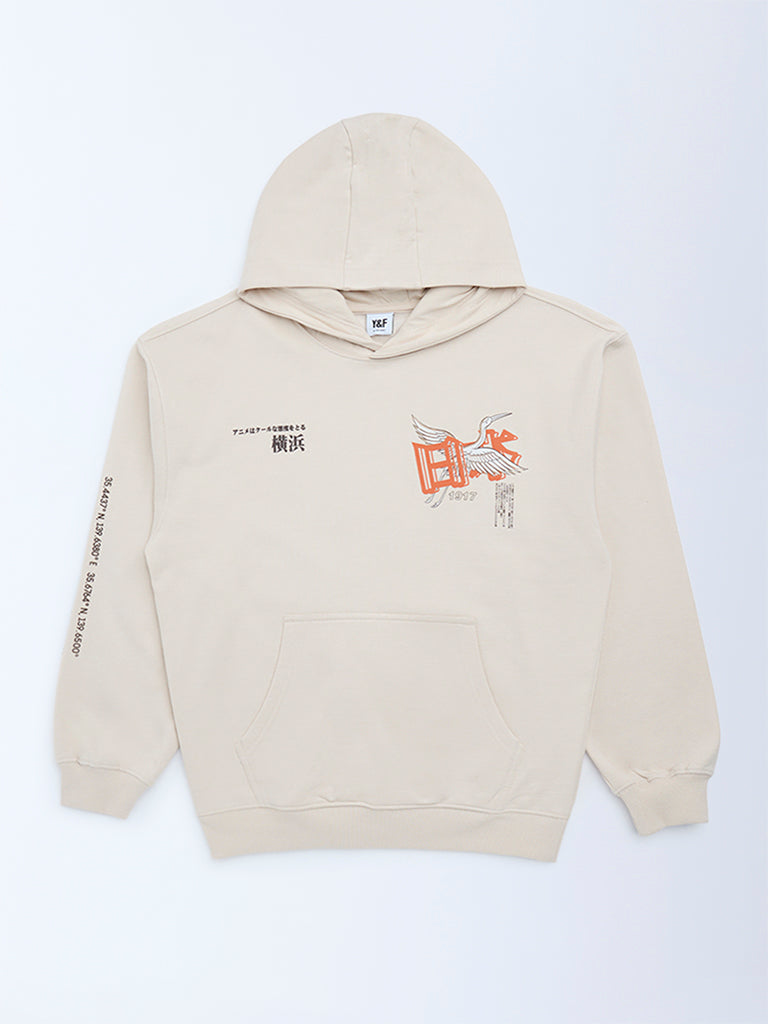 Y&F Kids Boys Beige Printed Cotton-Blend Hoodie