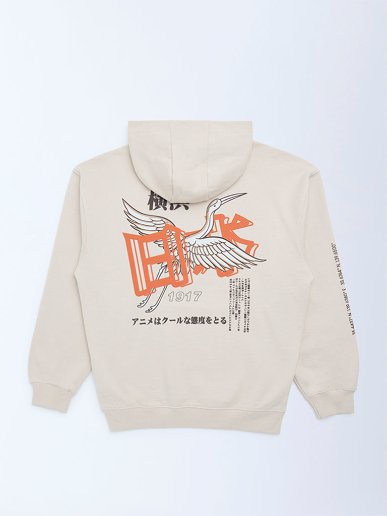 Y&F Kids Boys Beige Printed Cotton-Blend Hoodie