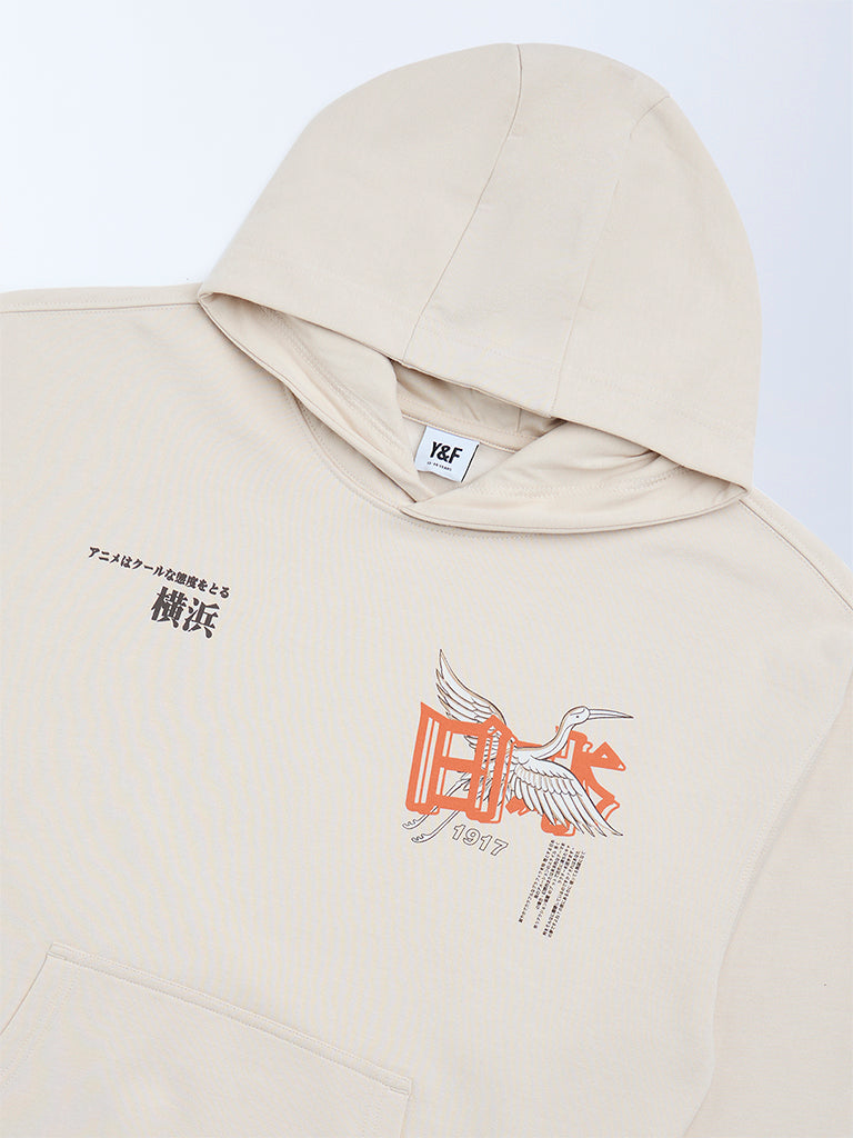 Y&F Kids Boys Beige Printed Cotton-Blend Hoodie