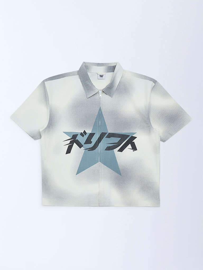 Y&F Kids Boys Grey Printed Resort-Fit Cotton Shirt