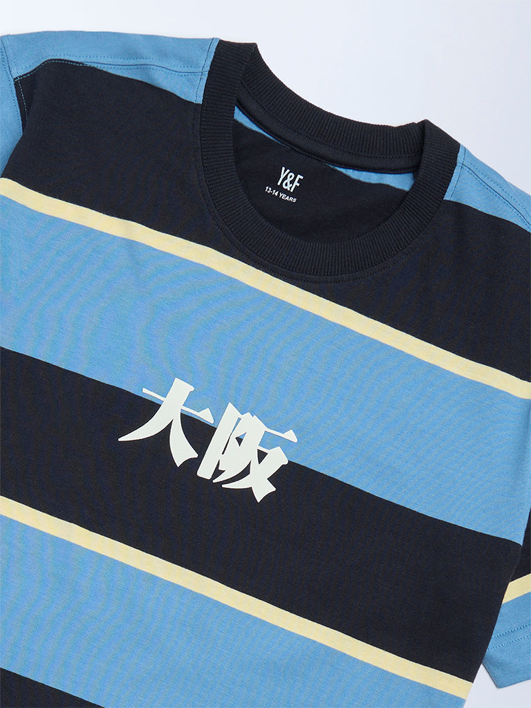 Y&F Kids Boys Blue Colour-Blocked Cotton T-Shirt