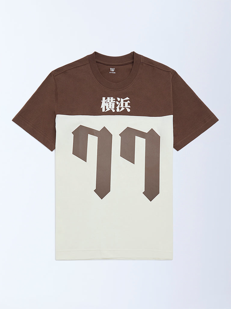 Y&F Kids Boys Off-White Colour-Blocked Cotton T-Shirt