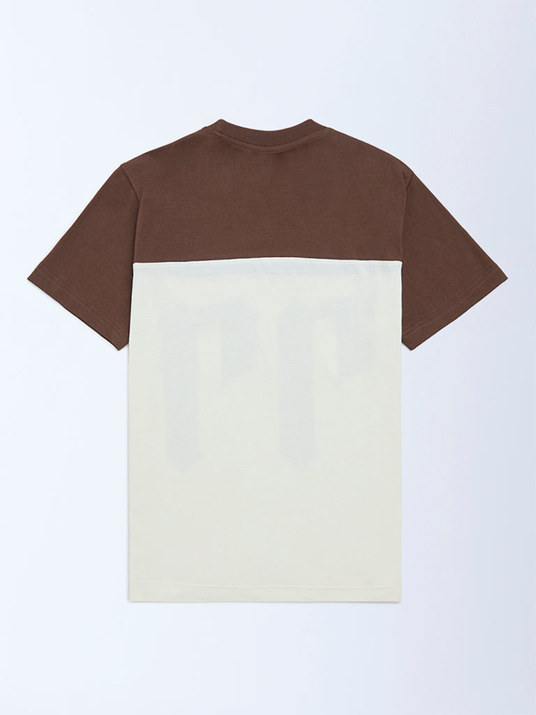 Y&F Kids Boys Off-White Colour-Blocked Cotton T-Shirt