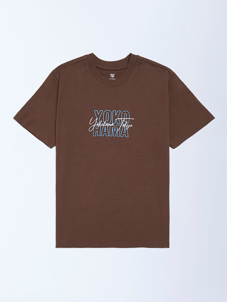 Y&F Kids Boys Brown Printed Cotton T-Shirt