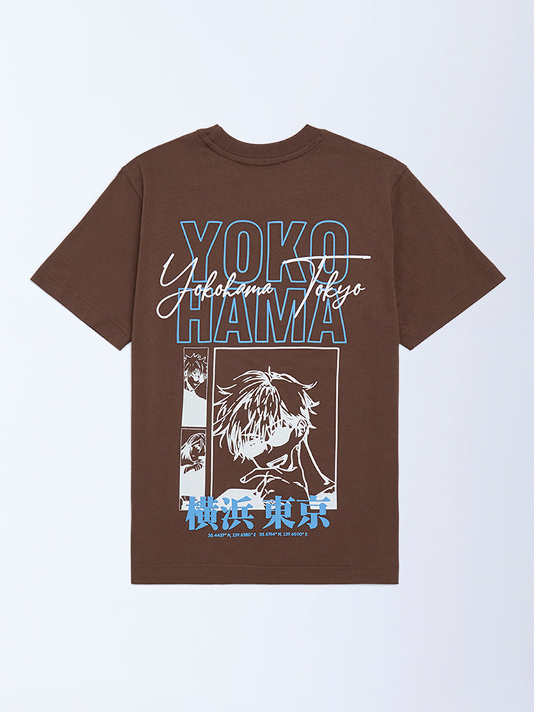 Y&F Kids Boys Brown Printed Cotton T-Shirt