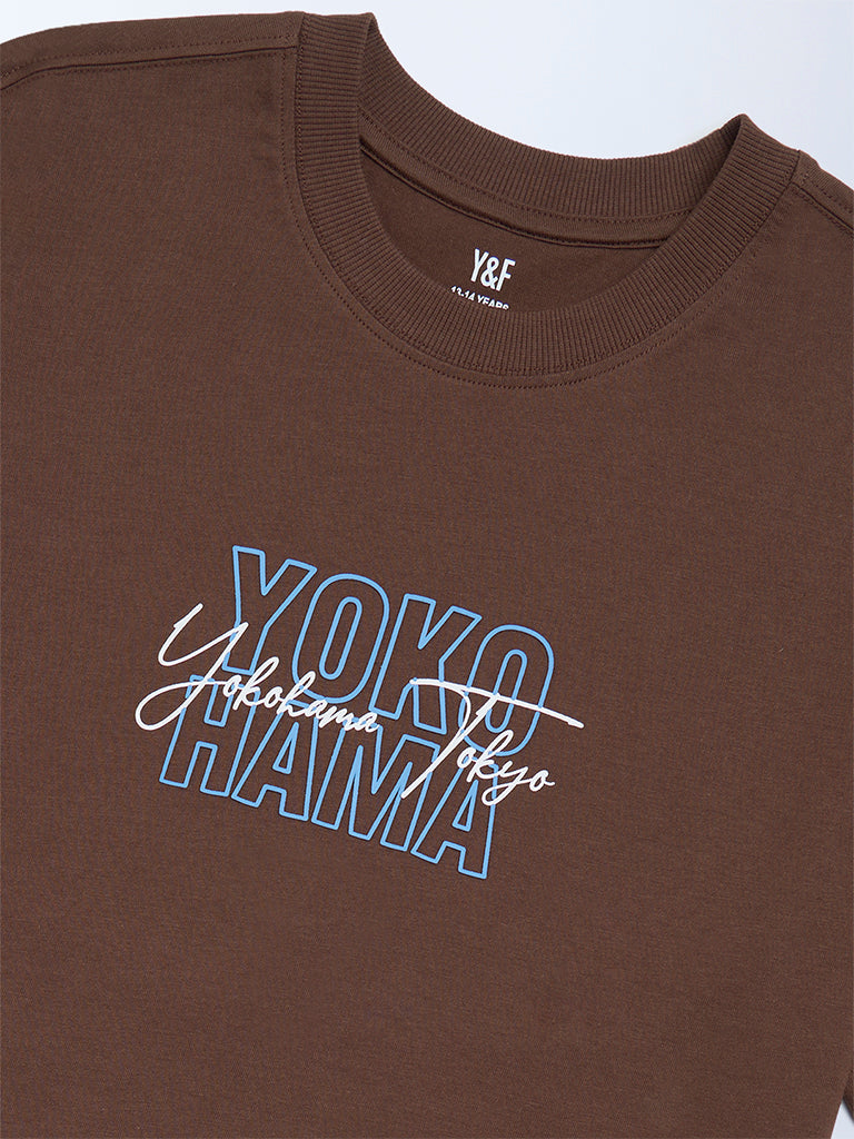 Y&F Kids Boys Brown Printed Cotton T-Shirt