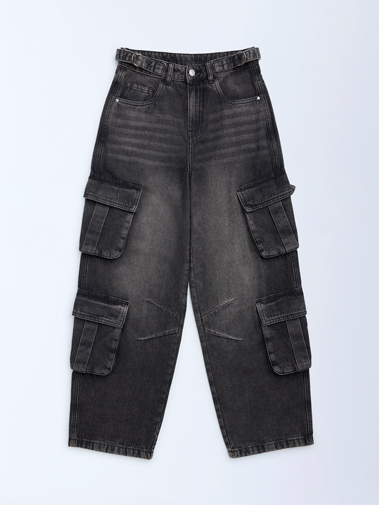 Y&F Kids Girls Charcoal Faded Relaxed-Fit Mid-Rise Jeans