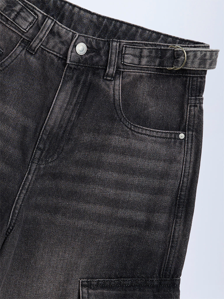 Y&F Kids Girls Charcoal Faded Relaxed-Fit Mid-Rise Jeans