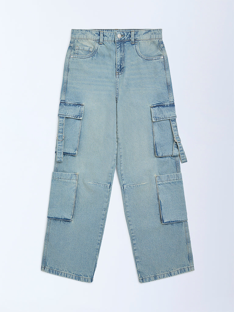 Y&F Kids Girls Light Blue Faded Relaxed-Fit High-Rise Jeans