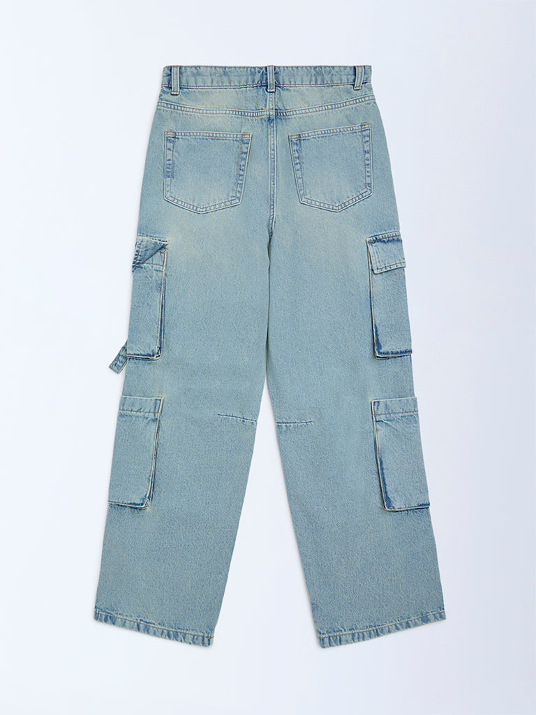 Y&F Kids Girls Light Blue Faded Relaxed-Fit High-Rise Jeans