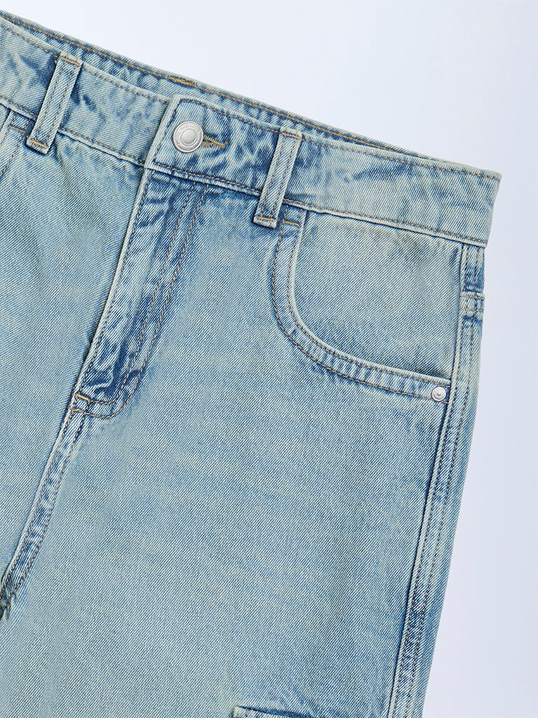 Y&F Kids Girls Light Blue Faded Relaxed-Fit High-Rise Jeans