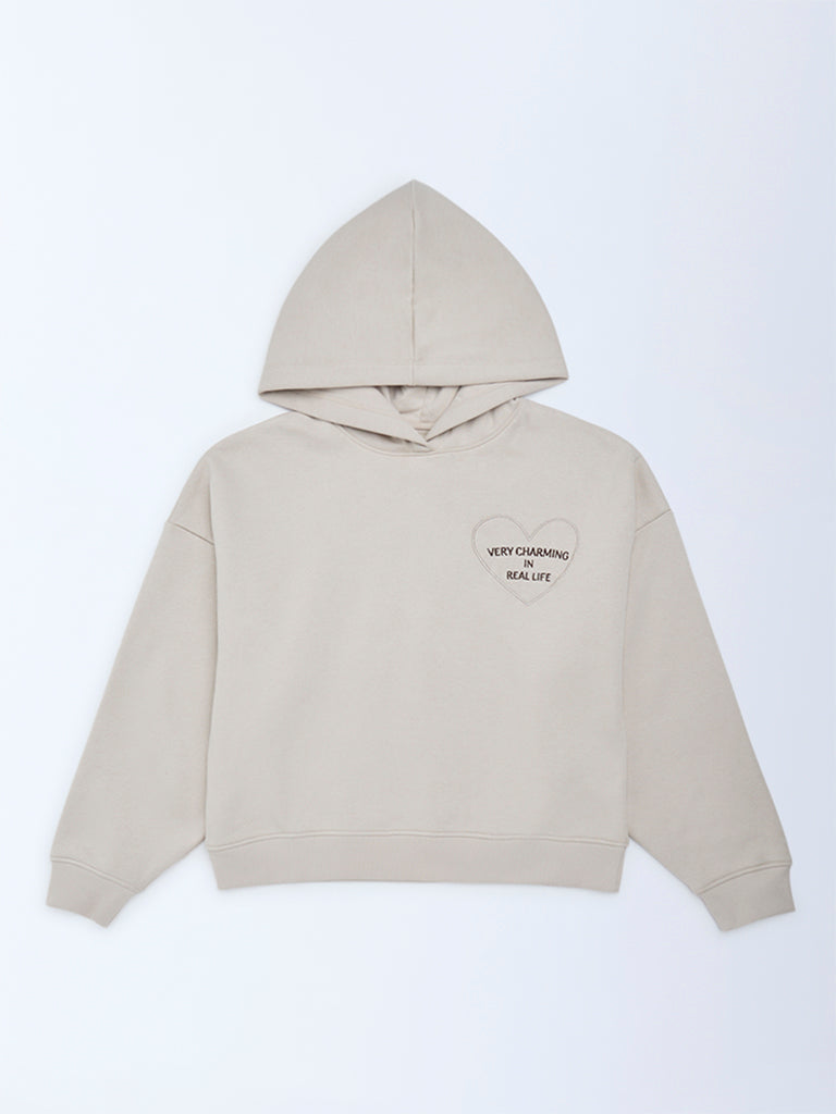 Y&F Kids Girls Beige Typographic Cotton-Blend Hoodie